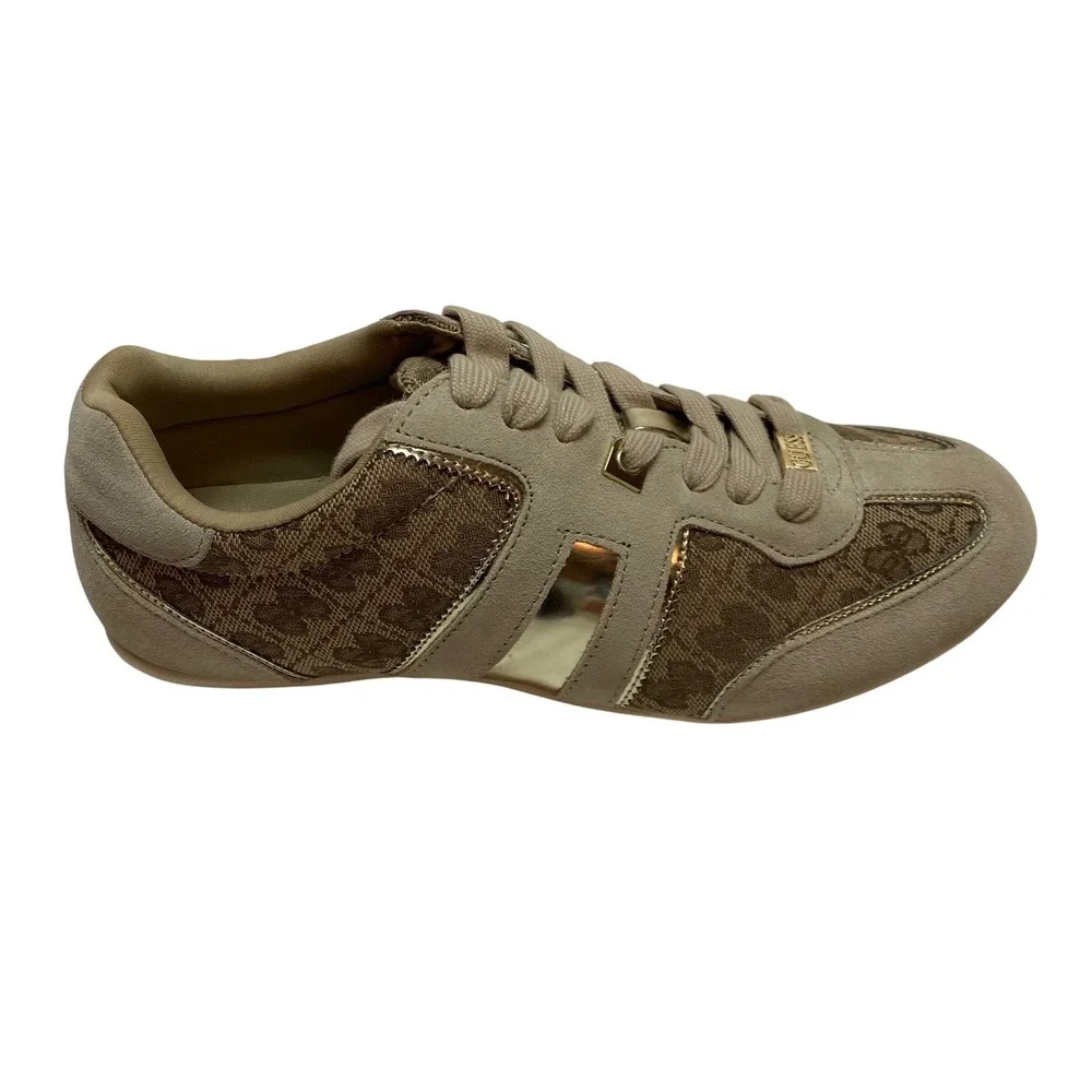 GUESS Womens‎ Monogram Suede Sneakers Tan Gold Lace Up Low Top Shoes 10 NIB